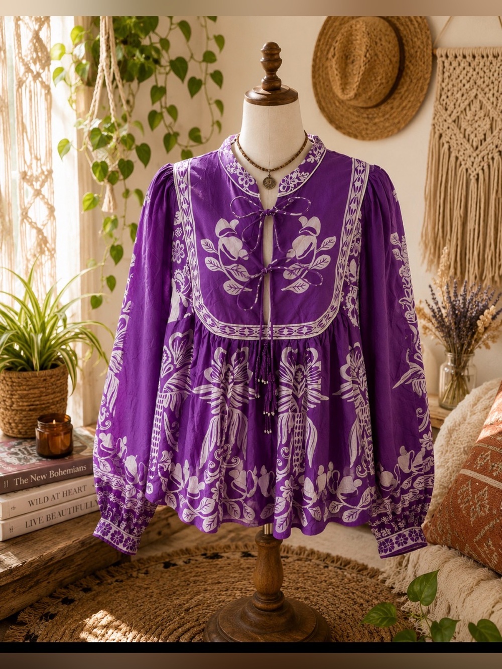 FARM Rio Purple white sweet garden top Tie Front Blouse size medium